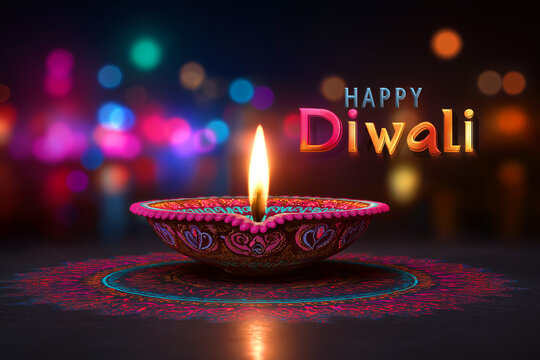 Happy Diwali Greeting with Colorful Diya Oil Lamp and Festive Bokeh Lights, ai generated