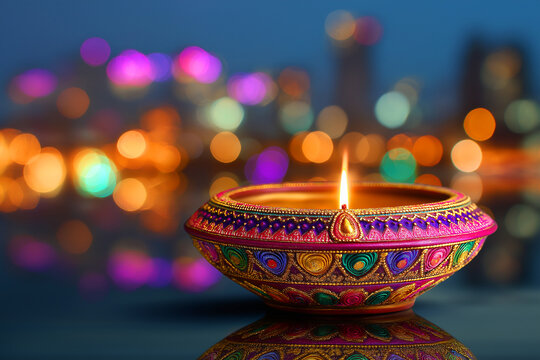 Colorful Diya Oil Lamp with Glowing Flame and Festive Bokeh Lights for Diwali, ai generated