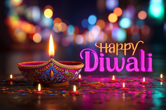 Happy Diwali Greeting with Colorful Diya Oil Lamp and Festive Bokeh Lights, ai generated