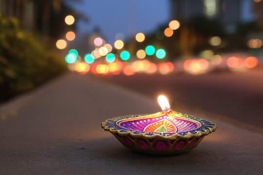 Colorful Diya Oil Lamp with Glowing Flame and Festive Bokeh Lights for Diwali, ai generated
