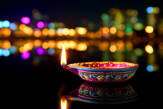 Colorful Diya Oil Lamp with Glowing Flame and Festive Bokeh Lights for Diwali, ai generated