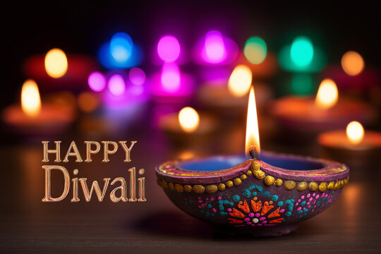 Happy Diwali Greeting with Colorful Diya Oil Lamp and Festive Bokeh Lights, ai generated
