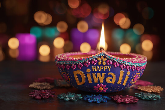 Happy Diwali Greeting with Colorful Diya Oil Lamp and Festive Bokeh Lights, ai generated