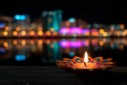 Colorful Diya Oil Lamp with Glowing Flame and Festive Bokeh Lights for Diwali, ai generated
