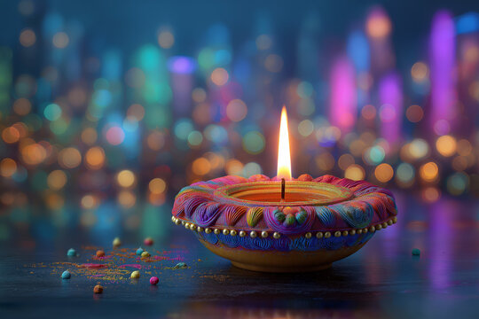 Colorful Diya Oil Lamp with Glowing Flame and Festive Bokeh Lights for Diwali, ai generated