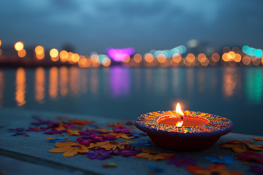 Colorful Diya Oil Lamp with Glowing Flame and Festive Bokeh Lights for Diwali, ai generated