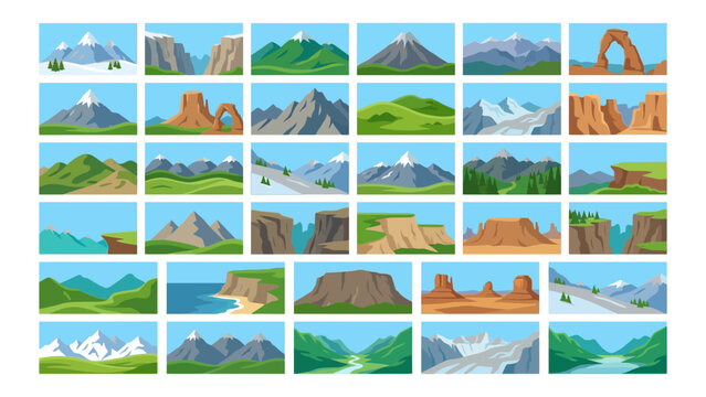 Set of pixel art landscape backgrounds for video games featuring mountains forests hills deserts and canyons in a retro 2d style Vector