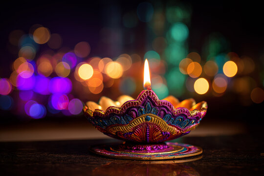 Colorful Diya Oil Lamp with Glowing Flame and Festive Bokeh Lights for Diwali, ai generated