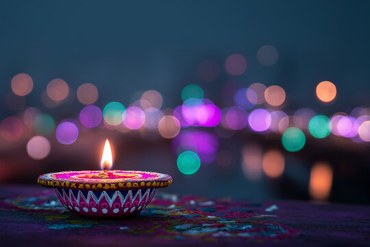 Colorful Diya Oil Lamp with Glowing Flame and Festive Bokeh Lights for Diwali, ai generated