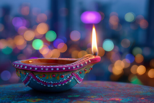 Colorful Diya Oil Lamp with Glowing Flame and Festive Bokeh Lights for Diwali, ai generated