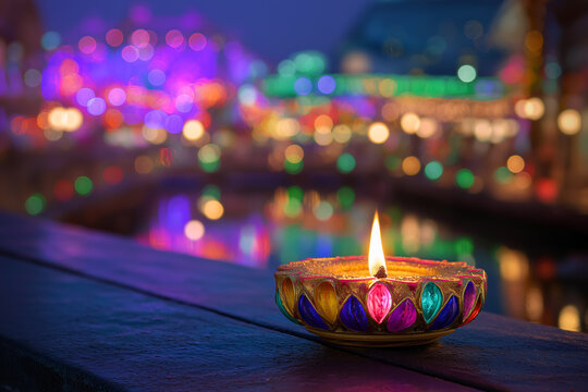 Colorful Diya Oil Lamp with Glowing Flame and Festive Bokeh Lights for Diwali, ai generated