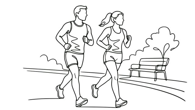 couple jogging in the park. Minimalist vector contour drawing of a running man and woman in continuous line style