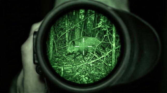 Wild boar seen through night vision device with reticle. Hunter tracking hog in forest at night. Tactical thermal imaging technology for wildlife observation and night surveillance.