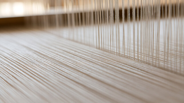 Close up of numerous parallel white threads stretched taut on a loom, illustrating the intricate process of textile creation and craftsmanship