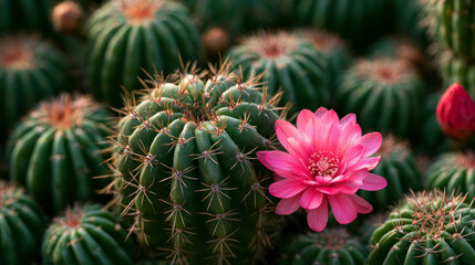 Obraz premium Vibrant Pink Cactus Flower Blooming Against Green Cactus Plant