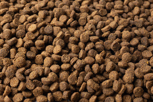 Closeup Of Crunchy Pet Kibble Fragments. Magnified View Of Dry Pet Food Pieces Showing Texture