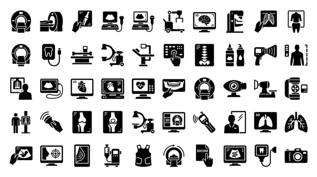 Medical imaging and diagnostic technology solid icon set. Includes symbols for MRI, X-ray, ultrasound, and CT scanner for healthcare industry and patient care.