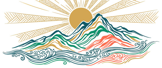 Stylized Mountain Landscape with Sun and Waves © adhar