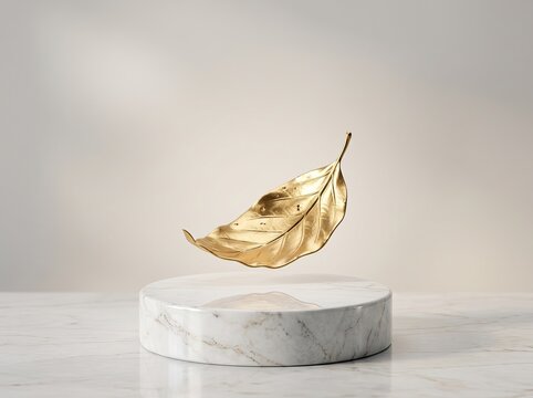 Elegant floating golden leaf hovering above a polished white marble podium in a minimalist studio scene