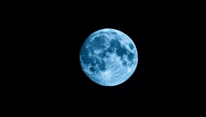 Naklejka premium Full Moon Glowing With A Cool Teal Blue Tint Against A Deep Black Night Sky Detailed Lunar Surface Texture And Craters Visible In Darkness