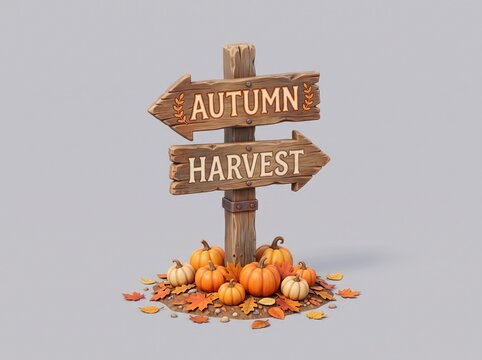 Wooden autumn harvest direction sign with pumpkins and fall leaves on a neutral background 3D render