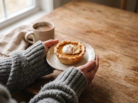 Person in a cozy grey sweater holding a plate with a homemade mini pumpkin pie and a warm mug