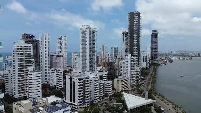 Oceanfront High-Rise Buildings in Bocagrande, Cartagena, Colombia &ndash; Drone Aerial View