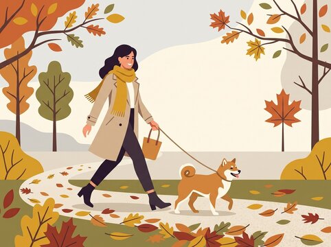A cheerful woman walking her Shiba Inu dog along a scenic autumn park path covered in fallen leaves