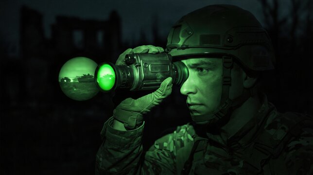 Soldier wears helmet and uses night vision device to identify military tank in field. Advanced thermal optics for tactical reconnaissance. Modern surveillance and warfare technology.