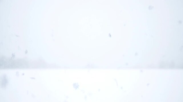 Minimalist winter landscape during a heavy whiteout snowstorm with a faint horizon.