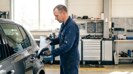 Obraz premium Mechanic in blue overalls pouring fluid into car fuel filler neck with funnel in clean workshop
