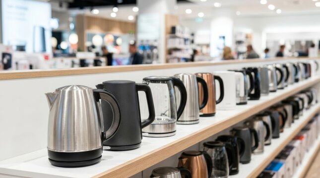 Row of modern electric kettles on a store shelf, product display for retail and ecommerce, clean design