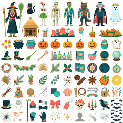 Naklejka premium Cute Halloween Characters and Elements Set, Witch, Vampire, Mummy, Frankenstein, Scary Pumpkins, Magic Potions, Spooky Party, Horror Holiday Supplies, Vector Illustrations Halloween
