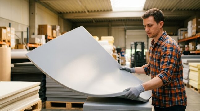Warehouse worker in gloves lifts flexible foam sheet, industrial production and logistics with bright, natural light