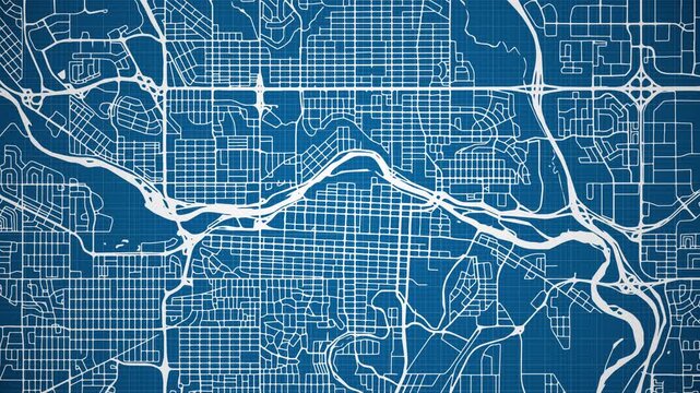 Ink reveal animation of Calgary city, Alberta (AB), Canada grid map. Aerial top view. Blueprint style. White lines with blue background. 4K Seamless loop.