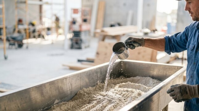 Construction worker mixing dry lime with water in a trough, side profile in a bright studio setting with copy space