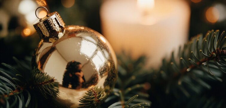 Close-up of a gold Christmas ornament reflecting the warm glow of a candle amidst evergreen foliage, perfect for holiday decor themes.