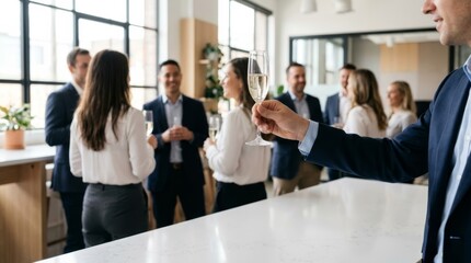 Obraz premium Celebrating project launch success, a hand raises champagne glass at a corporate reception in a modern office.