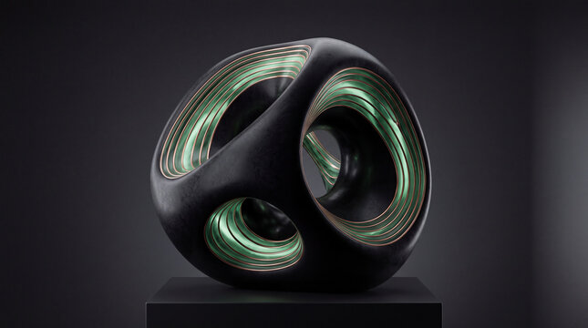 Rounded 3D cube sculpture with glowing tunnels
