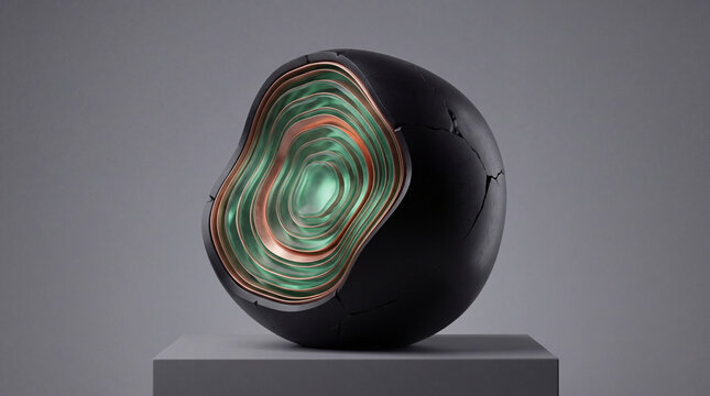 Cracked 3D geode sphere with copper and green rings