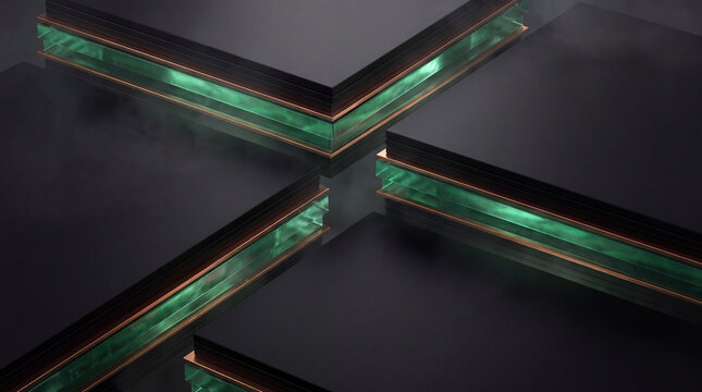 Intersecting 3D stone panels with glowing copper edges