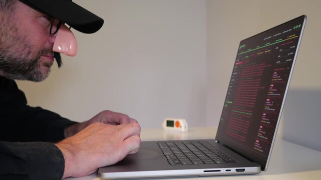 Disguised hacker operating rogue access point interface on a laptop executing evil twin attack harvesting credentials from unsecure public networks
