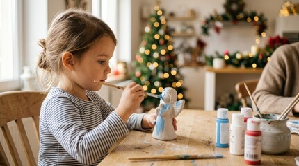 Fototapeta premium Child painting angel figurine at craft table, Christmas preparations in cozy home studio with natural light