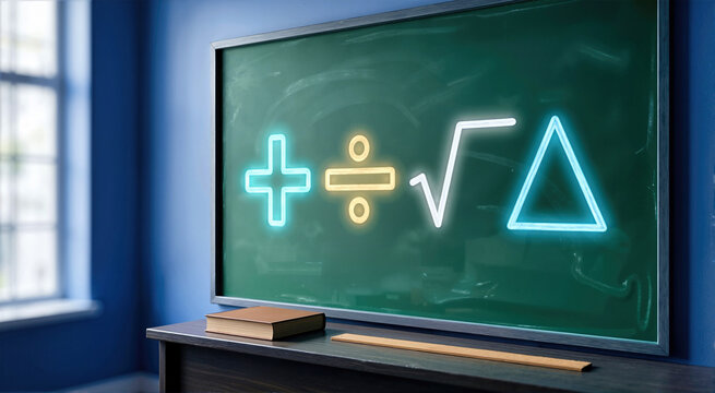 Glowing neon math symbols on a dark green chalkboard in a modern classroom setting. Plus, division, square root and delta icons with wooden ruler and textbook on desk for back to school learning