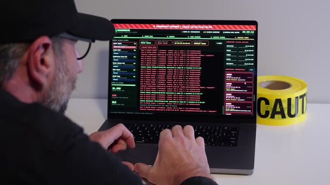 Disguised hacker operating rogue access point interface on a laptop executing evil twin attack harvesting credentials from unsecure public networks