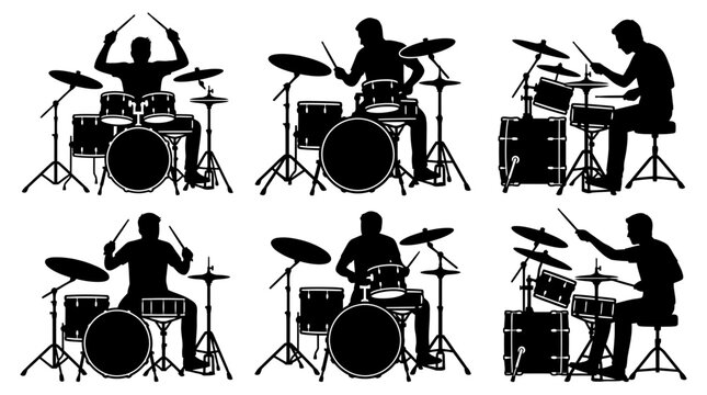Energetic male drummer playing professional drum kit set in various rhythmic poses for musical live performances