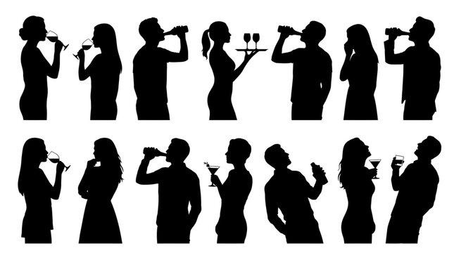 Diverse group of people holding various alcoholic beverage glasses and beer bottles in black silhouette illustrations