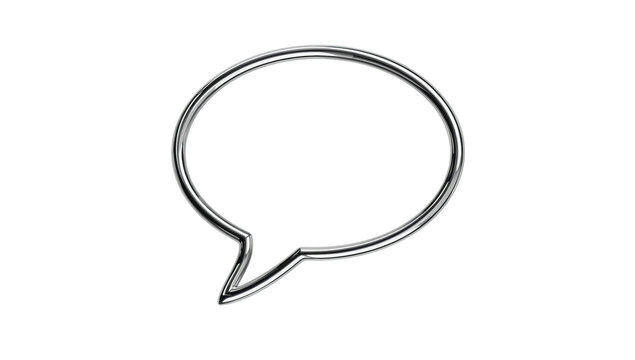 Shiny metallic speech bubble with glossy chrome effect isolated on a solid black studio background view isolated on a transparent background