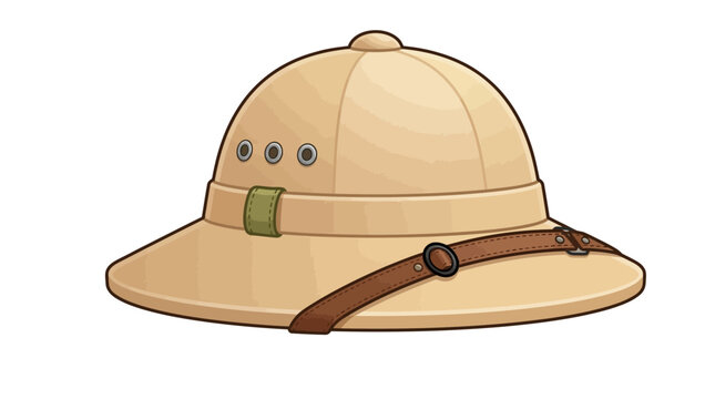 Classic beige pith helmet featuring metallic vents and a brown leather chin strap for tropical exploration