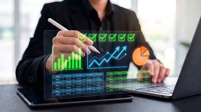 business performance management concept showing professional analyzing digital progress data on laptop with target checklist, productivity chart, financial graph, and task completion metrics. strategi